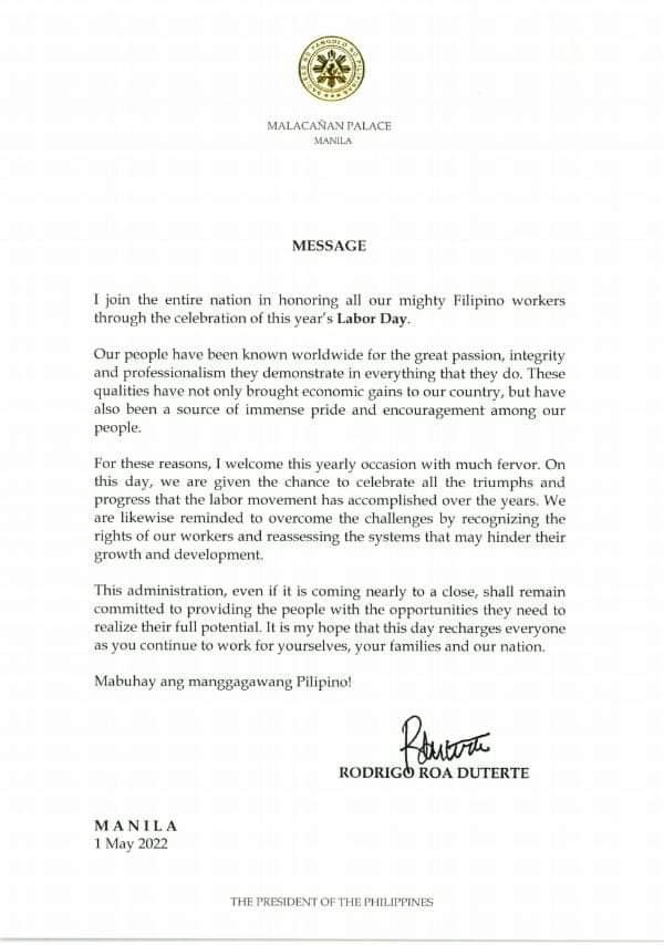Labor Day Message PRRD
